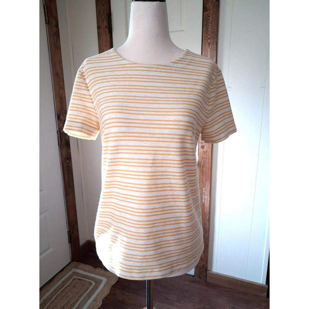 Women's Banana Republic Short Sleeve Top Yellow Stripe Zipper Detail Size Small
